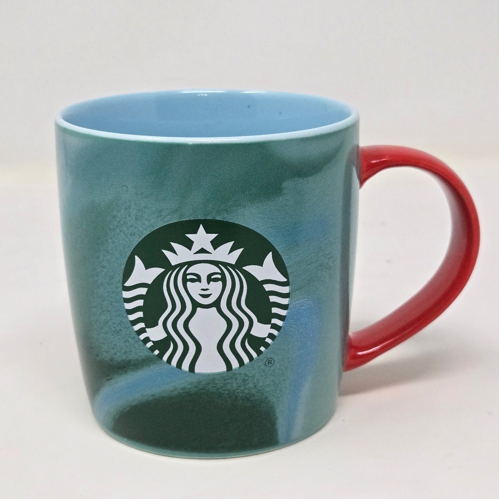 Starbucks 2024 Holiday Blue Green Marble Swirl Ceramic Mug Red Handle 11oz Cup